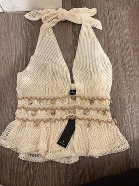 Lulu's Cream Crochet Halter Peplum Top with Shell Accents